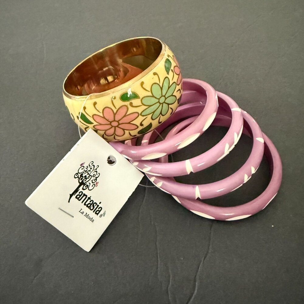 NWT Fantasia India Floral Yellow Purple Bangles Hand Painted Carved Set of 5